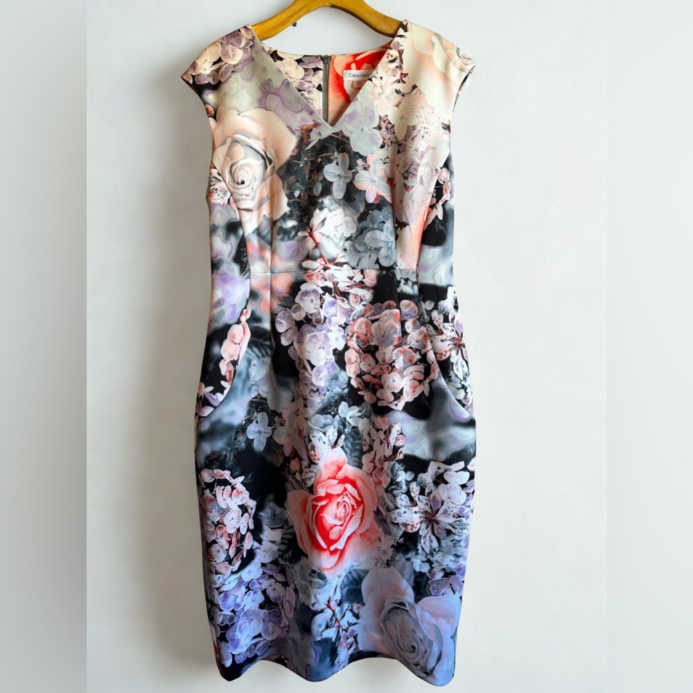Calvin Klein Floral Scuba V-Neck Sheath Dress Size 14 Print Stretch Cocktail
